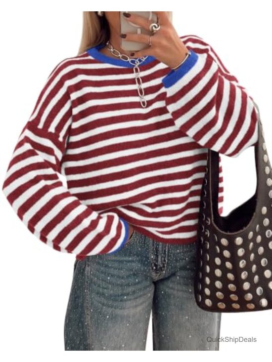 Sweaters - Oversized Striped Crewneck Sweater, Soft Knit, Long Sleeve